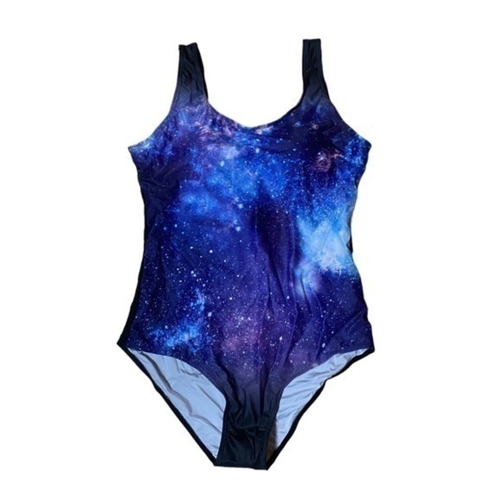 Space Galaxy One-piece Swimsuit - Black with various Blues - Size XL